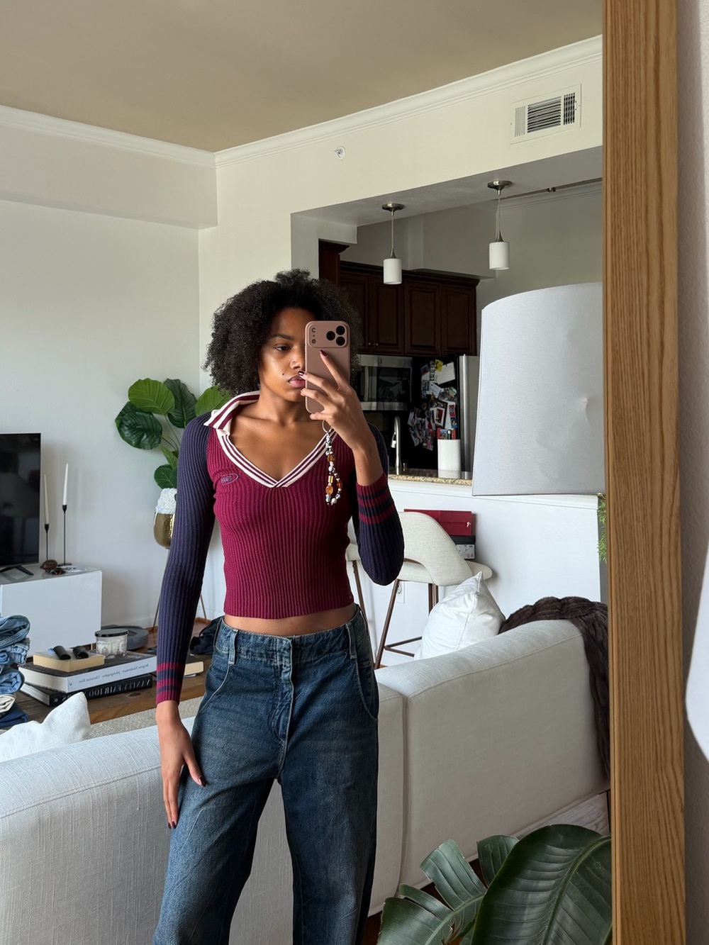 Striped Trim Ribbed V-Neck Long-Sleeve Crop Top in Burgundy